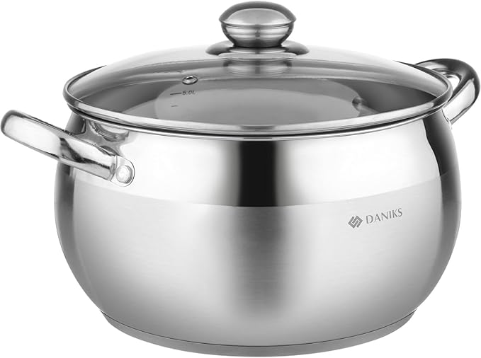 Daniks Classic 4 Quart Stainless Steel Stock Pot with Glass Lid, Tri-Ply Bottom for Even Heating, Induction Compatible, Dishwasher Safe
