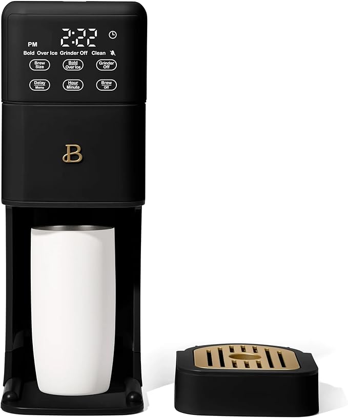 Beautiful™ Perfect Grind™ Programmable Single Serve Coffee Maker – Black by Drew Barrymore, Built-In Grinder for Fresh Grounds, Adjustable Cup Size, Programmable Timer, Reusable Filter, Compact Design