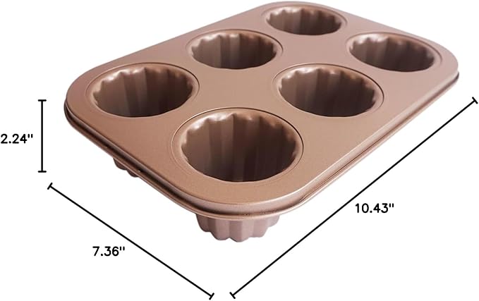 Canele Molds 6-Cavity Nonstick, Mini Canele Mold Cake Pan, Carbon Steel Canelle Pastry Molds, Washable Muffin Cupcake Pans for Oven Baking - Gold