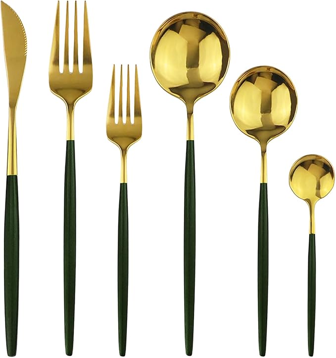 36-Pieces Silverware Mirror Polished Dinnerware Gold Flatware With Green Handle, 18/0 Stainless Steel Cutlery Set For Home Kitchen Party Hotel Restaurant Wedding Service for 6