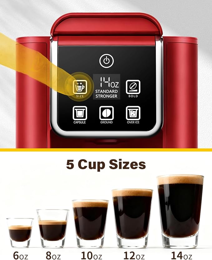 SHARDOR Single Serve Coffee Maker, Hot & Iced Coffee Machine for K Cup and Grounds, 6 to 14 oz Brew Sizes, 50 oz Removable Water Tank, Bold Brew Setting, Pod Coffee Maker with Reusable Filter, Red