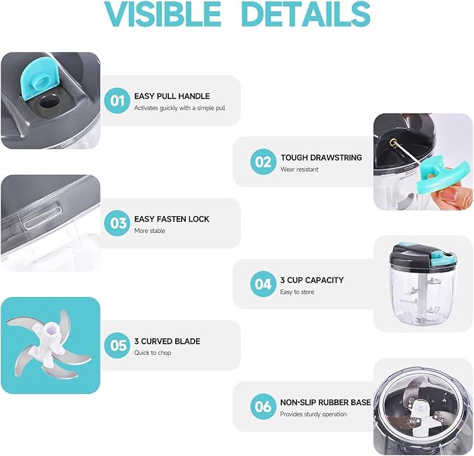 Manual Food Processor Vegetable Chopper, Portable Hand Pull String Garlic Mincer Onion Cutter for Veggies, Ginger, Fruits, Nuts, Herbs, etc., （900ml,Gray-blue）