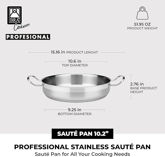 BRA COOKWARE Profesional Sauté Pan w/Glass Lid | 10.2 inches - 3.2 quarts Professional Deep Pan | Stainless Steel Sauté Pan | All Stovetop Compatible | 100% PFOA Free | Brushed Finish