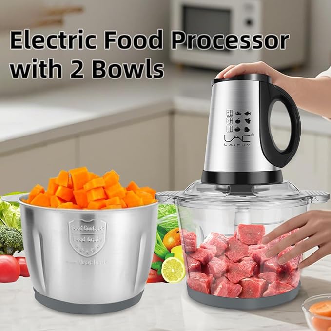 Large Food Processors,Meat Grinder Veggie Chopper with a Glass and a Stainless Steel Bowls,3 Speeds,2 pieces 6 Bi-Level Bladesand Spatula for Baby Food,Meat,Vegetables,Fruits(16+16 CUP)