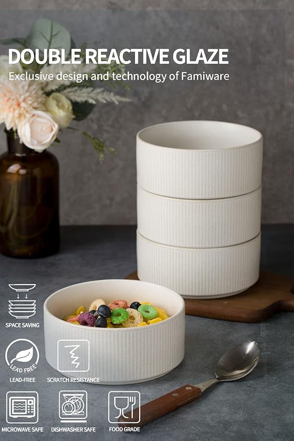 famiware Star Cereal Bowl Set, Soup Bowls Set of 6, Double Reactive Glaze, Stackable, 23oz Deep Bowls Suitable for Cereal, Popcorn, Oatmeal, Dessert - Dishwasher and Microwave Safe, Matte White