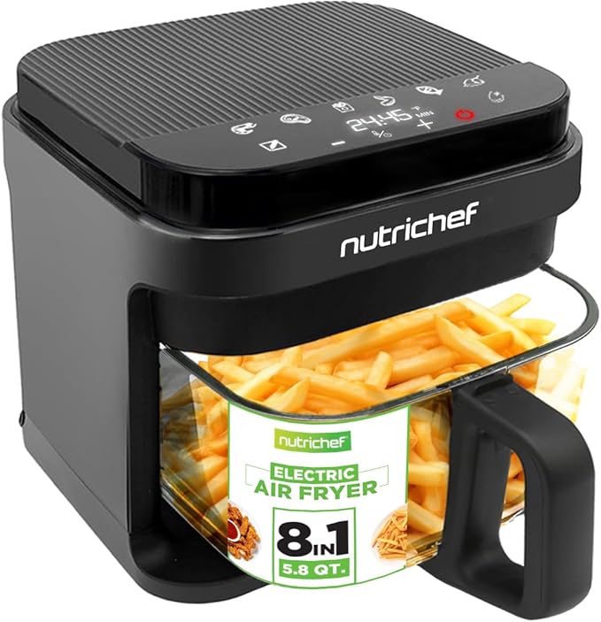 Nutrichef 5.8 Quart Air Fryer | 8-1 Preset Cook Modes | Transparent Fry Bowl for Best Cooking Results | Cook Shrimp, Steak, Fries, Wings, Chicken & More | Precise Temperature Control & Time | Grey
