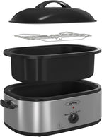 Sunvivi 20-Quart Roaster Oven with Self-Basting Lid, Electric Turkey Roaster Oven with Removable Pan and Rack, Stainless Steel, Sliver