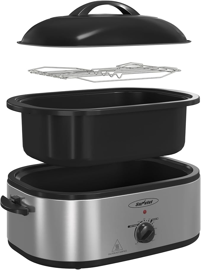 Sunvivi 20-Quart Roaster Oven with Self-Basting Lid, Electric Turkey Roaster Oven with Removable Pan and Rack, Stainless Steel, Sliver