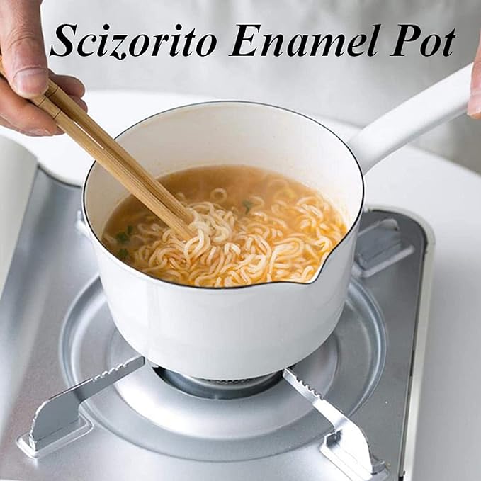 1.2L Enamel Milk Pan, Nonstick Milk Pot with Pour Spouts, Even Heat Conduction, Easy to Cook and Clean, Enamel Pot for Home Kitchen or Restaurant White