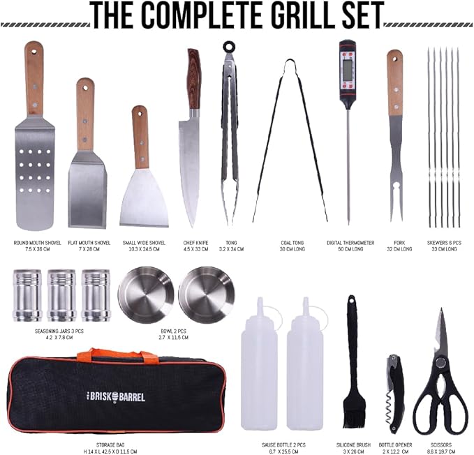 BBQ Accessories 24 in 1. Outdoor Grill Tools with Fork, Tong, Skewers, Digital Meat Thermometer - No Battery Included. Complete Grilling Tools kit with Portable Bag