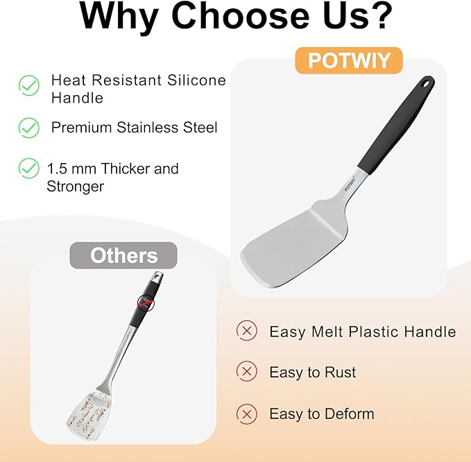 2-Piece Stainless Steel Spatulas Set, 13.3" & 11.3" Metal Spatula for Cooking Cast Iron Skillet and Flat Top Grill, Heavy Duty Turner with Silicone Handle for Flipping Steak, Burgers, Pancake
