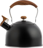 Whistling Tea Kettle 2.5L, Stainless Steel Kettle with Wood Pattern Folding Handle, for Tea Coffee (Black)