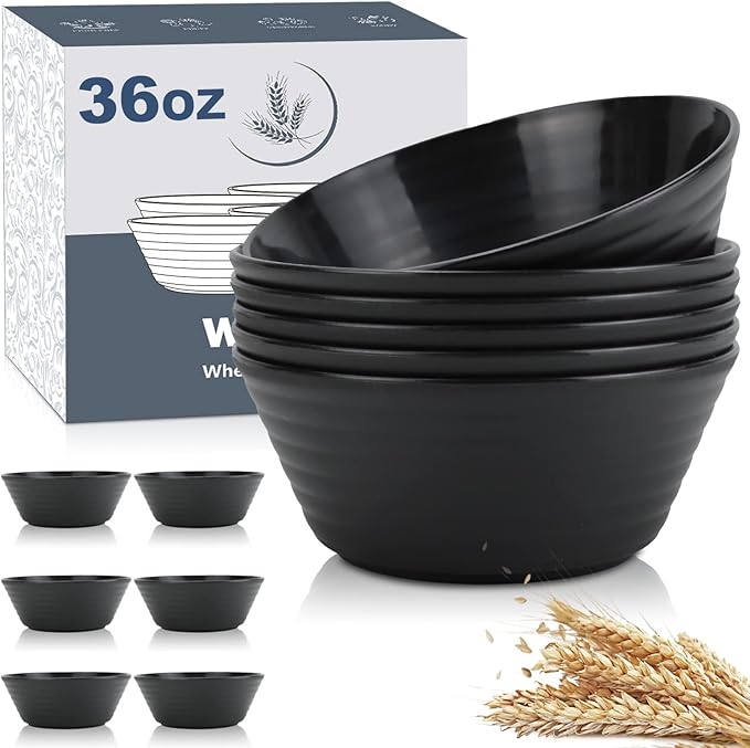 Wheat Straw Bowl Sets,6 PCS Unbreakable Cereal Bowl 36 OZ,Microwave and Dishwasher Safe Bowls,Soup Bowl Sets BPA Free Apartment Bowl for Serving Cereal,Oatmeal and Salad (Black)