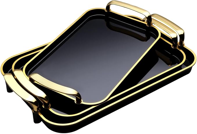 Serving Tray with Handles Set of 3 Rectangular Large Serving Platters 16.5/14.9/13.2 Inch White Plates for Dinner, Party, Entertaining, Black Gold