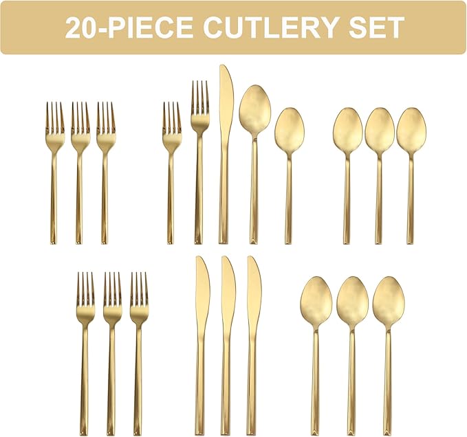 20 Piece Silverware Set for 4,Stainless Steel Flatware Set,Tableware Cutlery Set for Home and Restaurant Include Forks Knives Spoons,Mirror Finish,Dishwasher Safe (Gold)