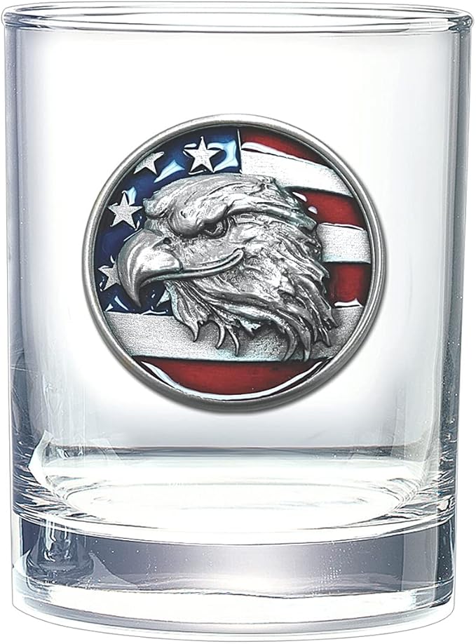 Heritage Pewter Eagle Head with Flag Double Old Fashion | Double Rocks Glass 14 oz for Liquor | Expertly Crafted Pewter Glass