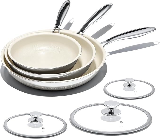 Nonstick Frying Pan Set – 8"10"12" Titanium Ceramic Skillet with Lid, Stay-Cool Handle,PFAS, PTFE, PFOA-Free, Non-Toxic, Dishwasher & Oven Safe, Compatible with All Cooktops,Cream White