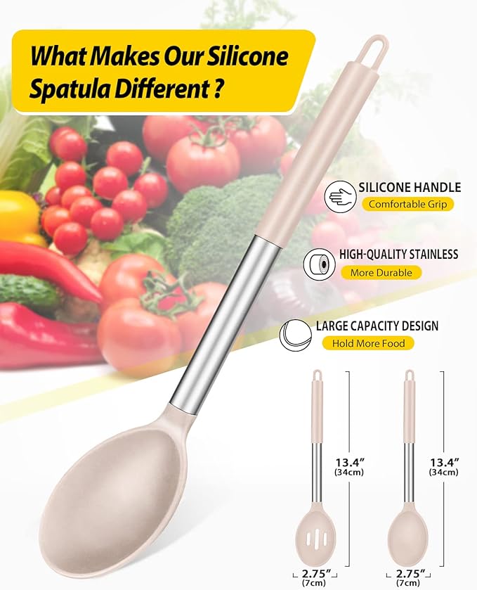 Pack of 2 Large Silicone Cooking Spoons,Non Stick Solid Basting Spoon,Heat-Resistant Kitchen Utensils for Mixing,Serving,Draining,Stirring (STAINLESS STEEL KHAKI)