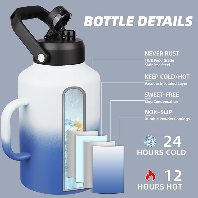 BJPKPK 1 Gallon Water Bottle with Handle, Large Dishwasher Safe 128oz Insulated Water Bottle, BPA Free Water Jug, Wide Mouth Metal Water Bottle with Anti-slip Bottom, Keep Cold & Hot,Sky