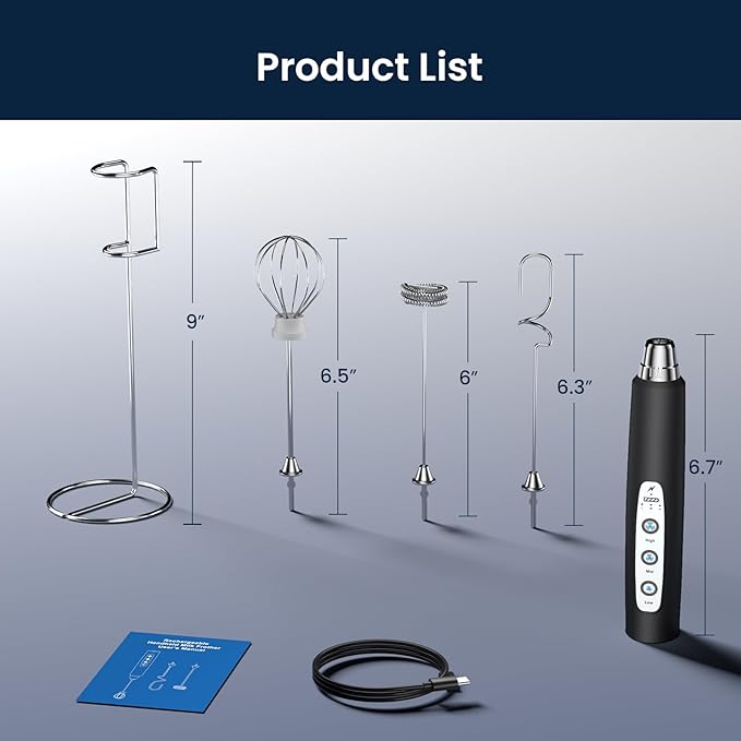 Milk Frother with Stand Rechargeable-Handheld Coffee Frother with 3 Stainless Whisks 3 Speed Adjustable, Electric Whisk Drink Mixer, Foam Maker Blender for Matcha Latte Cappuccino Chocolate