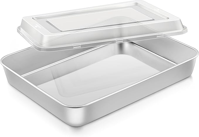 9¾ x 12½ x 2 Inch Baking Pans Set, Rectangle Sheet Cake Pan with Lid, Stainless Steel Bakeware for Lasagna Brownie Casseroles
