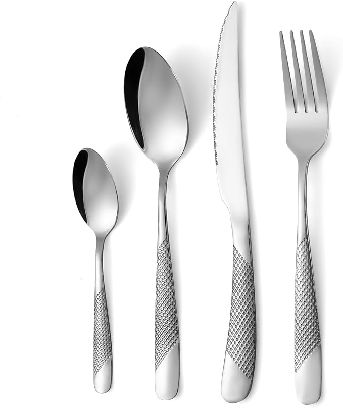 24-Piece Silvery Hammered Silverware Set, Food-Grade Stainless Steel Flatware Service for 6, Modern Cutlery Utensil Set with Forks Knives Spoons, Mirror Polished, Dishwasher Safe for Dining Restaurant