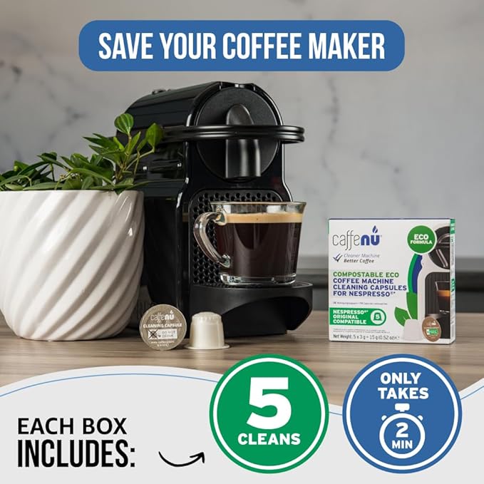 Nespresso Compatible Cleaning Pods. 5 Eco Cleaner Capsules. Improved Coffee Flavour. For Nespresso Originaline, Use with Descaling Kit.