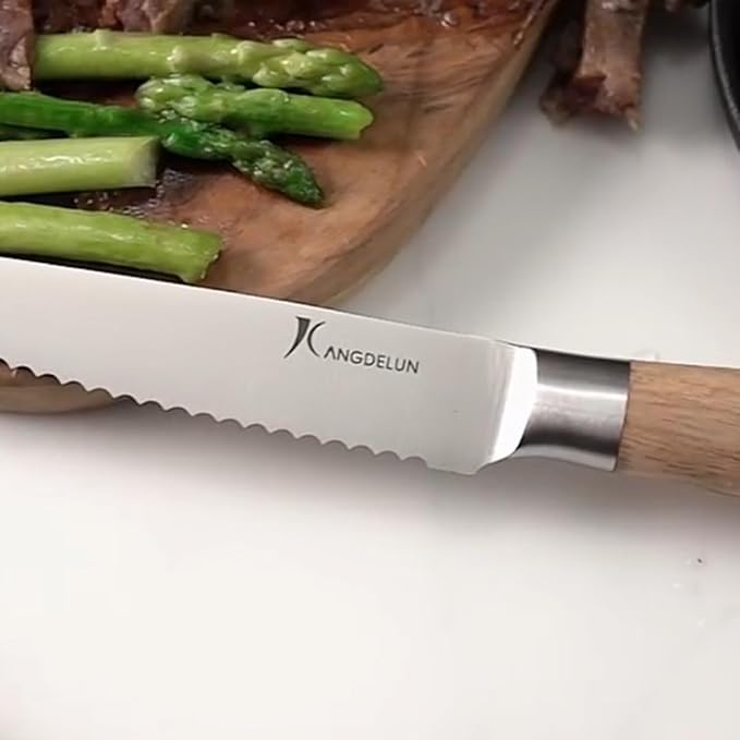 Natura Series 4.5” Serrated Steak Knife Set of 6, High Carbon Stainless Steel, Wooden Handle