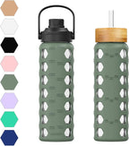 MUKOKO 24oz Glass Water Bottle with 2 Lids-Handle Flip Lid&Bamboo Straw Lid,Motivational Water Tumbler with Time Marker Reminder and Silicone Sleeve, Leakproof-Olive