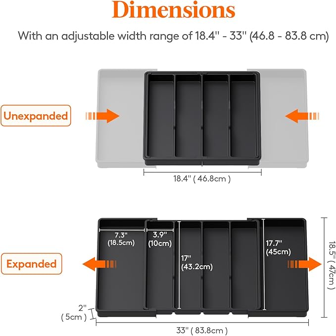 Lifewit Utensil Kitchen Drawer Organizer, Expandable from 18 to 30 inches, Plastic Cooking Cutlery Silverware Tray, Adjustable Spatula Holder, Flatware Tools Gadgets Storage Divider, XXL,Black