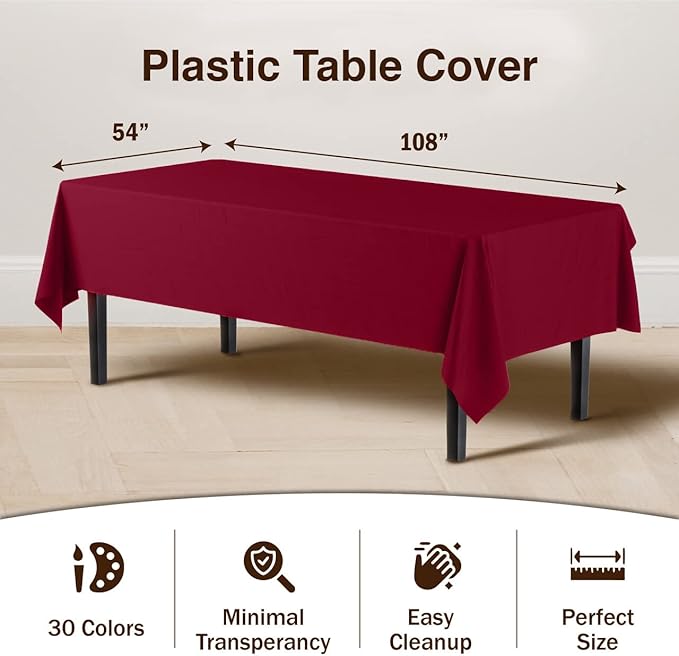Exquisite 12-Pack Premium Plastic Tablecloth 54in. x 108in. Rectangle Table Cover - Burgundy