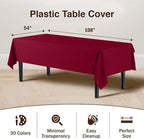 Exquisite 12-Pack Premium Plastic Tablecloth 54in. x 108in. Rectangle Table Cover - Burgundy