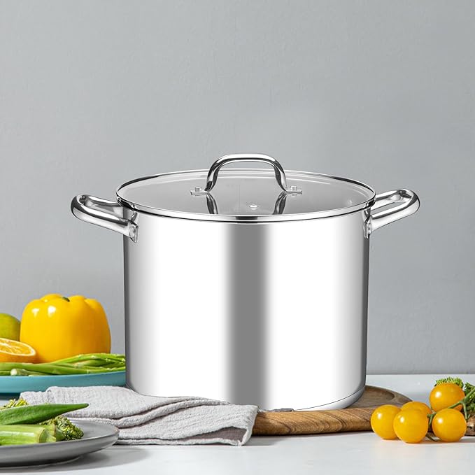 Leonyo 14 Quart Stock Pot with Lid, Stainless Steel StockPot with Lid, Tri-ply Bottom Induction Cooking Pot for Cooking, All Stove Compatible Up to 600℉ Soup Pot for Canning, Boiling, Simmer