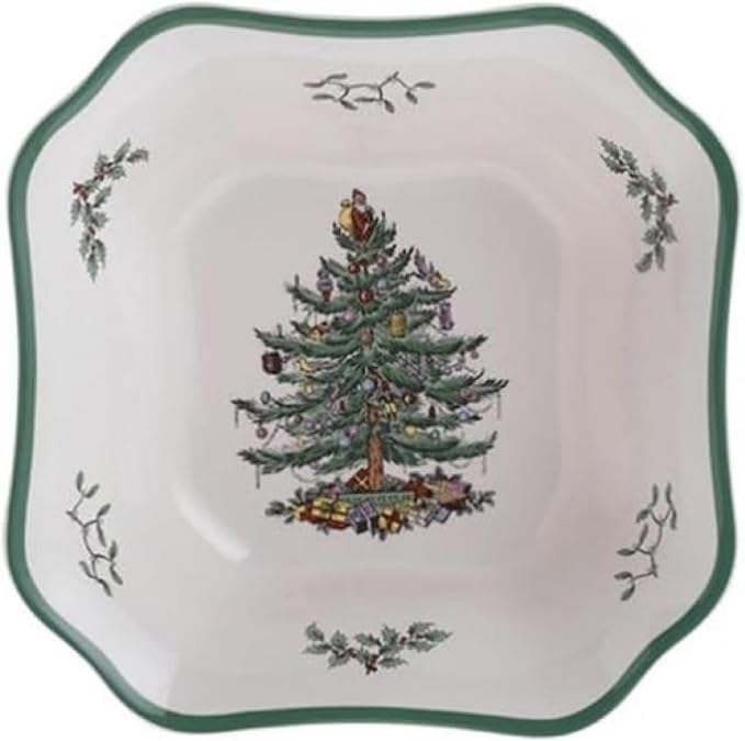 Spode Christmas Tree 9.5-Inch Square Salad Bowl - Ceramic Earthenware Serving Bowl for Salads, Soups, Pasta, and Side Dishes - Festive Holiday Dinnerware with Iconic Christmas Tree Design