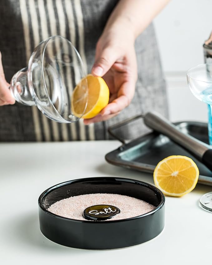 Bar Glass Rimmer for Margarita and Cocktail, Ceramic Salt Sugar Glass Rimmer Sugar Container for Cocktails Home Bar Accessories Set of 2, Black
