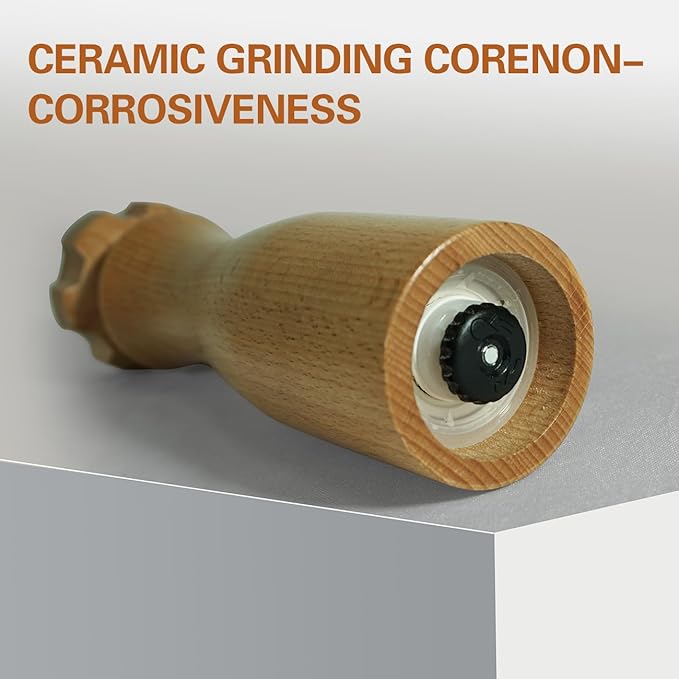 Wooden Pepper Grinder – 【Gear-Shape Knob & Effortless Grinding】8 in Salt Grinder Refillable & Pepper Mill with Adjustable Coarseness,Beech + Black Walnut, Premium Ceramic Mechanism for both kitchen