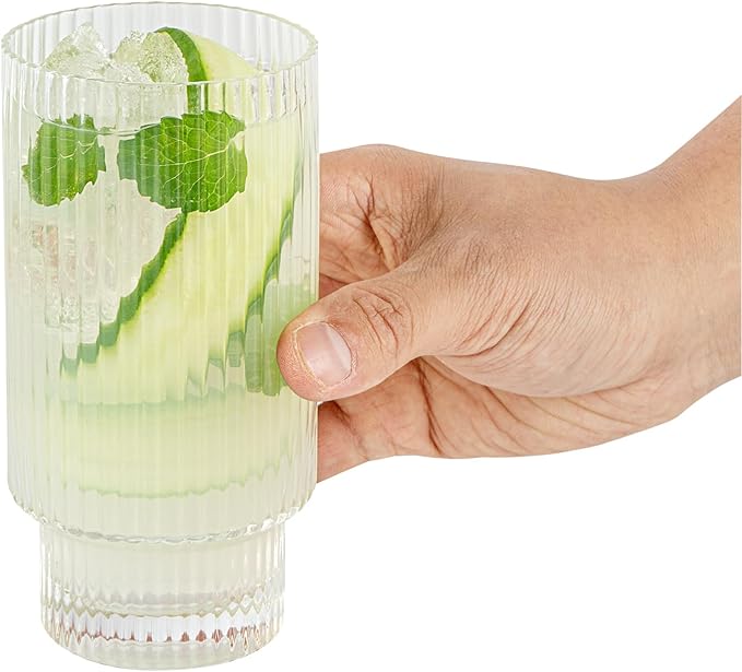 Restaurantware-Vetri 10 Ounce Highball Glasses, 6 Ribbed Drinking Glasses - No-Lead, Dishwashable, Clear Glass Tumblers For Scotch, For Drinking Liquor, Cocktail, Bourbon, Cognac, And More