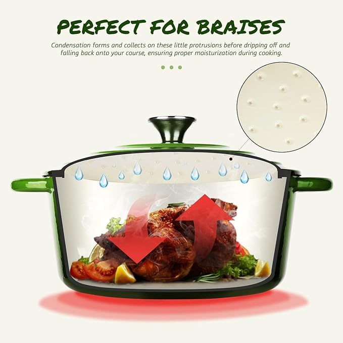 Overmont Enameled Cast Iron Dutch Oven - 5.5QT Pot with Lid Cookbook & Cotton Potholders - Heavy-Duty Cookware for Braising, Stews, Roasting, Bread Baking green