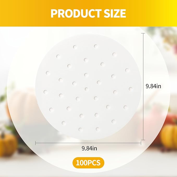 100 PCS Non-Stick Bamboo Steamer Paper, 10" Round Liners with Holes for Steamer Basket, Air Fryer, Bamboo Steamers, and Oven Use