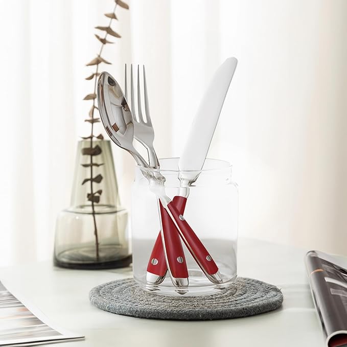 Retro 20-Piece Silverware Set, 304 Riveted Stainless Steel Flatware Set, Vintage Cutlerywith Red Bakelite Handle, Dishwasher Safe| Service for 4