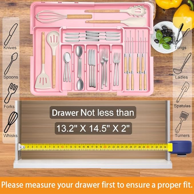 Homecor Silverware Organizer - Expandable Large Kitchen Drawer Organizer Utensil Organizer with 2 Knife Block Inserts, 22"x 19"Cutlery Tray with Drawer Dividers for Kitchen Flatware (Pink)