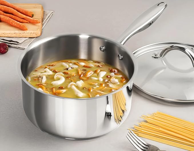 2.5 Quart Stainless Steel Saucepan with Steamer Basket, 18/10 Tri-ply Full Body, Multipurpose Sauce Pot with glass Lid, Perfect For Boiling Gravies, Pasta, Noodles