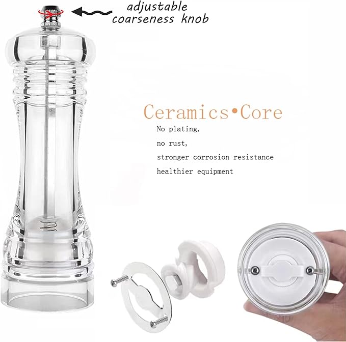 Pepper Mill, Pepper Grinder Set, Transparent Acrylic Body Refillable Mills 1pcs, Adjustable Salt Grinder Shaker for Home,Kitche,Exquisite Appearance also Suitable for Restaurant Decoration