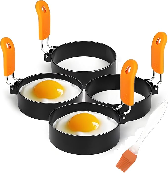 4PCS 3.5" Stainless Steel Egg Ring, Non Stick Omelet Mold with Brush Professional Pancake Mold Ring with Silicone Handle Egg Muffin for Breakfast, Mini Pancakes, and Fried Eggs.