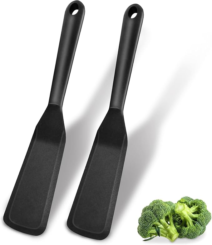 Dioycli Silicone Spatulas for Cooking Heat Resistant Pancake Spatula, Non Stick Long Omelette Spatula Turner Bpa Free 2 Pieces for Crepes Egg Burgers Pizza Cookie（Black）