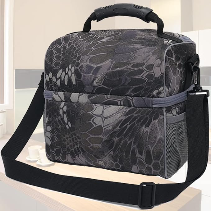 FlowFly Double Layer Cooler Insulated Lunch Bag Adult Lunch Box Large Tote Bag for Men, Women, With Adjustable Strap,Front Pocket and Dual Large Mesh Side Pockets