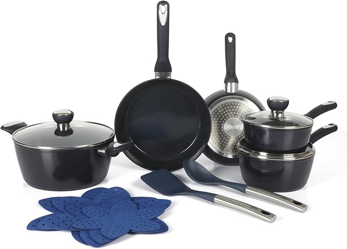 Oster Hawke 14 Piece Aluminum Premium PFA Free Ceramic Nonstick Blue Saphirre Pots and Pans Cookware Set W/Induction Base
