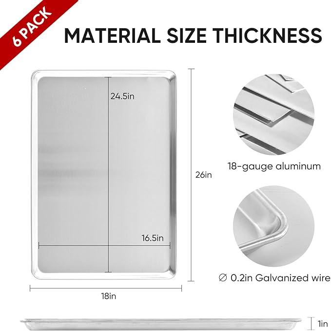 TENUP 6 Pack Aluminum Full Sheet Pan, 26" x 18" Heavy Duty Commercial Baking Tray Reinforced Rim, Warp-Resistant Rust-Free