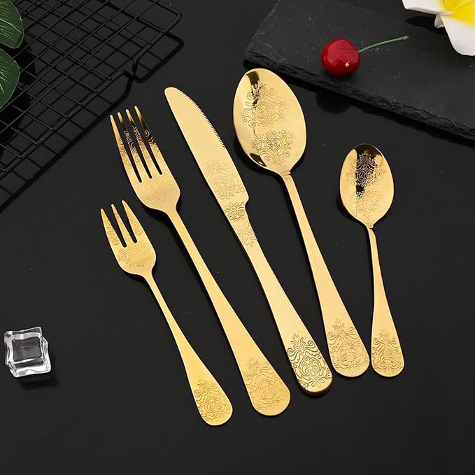JASHII 20-piece Silverware Flatware Set Vintage Carved Floral Pattern Eating Utensils Stainless Steel Knife Fork Spoon Set Mirror Polished Dishwasher Safe - Gold