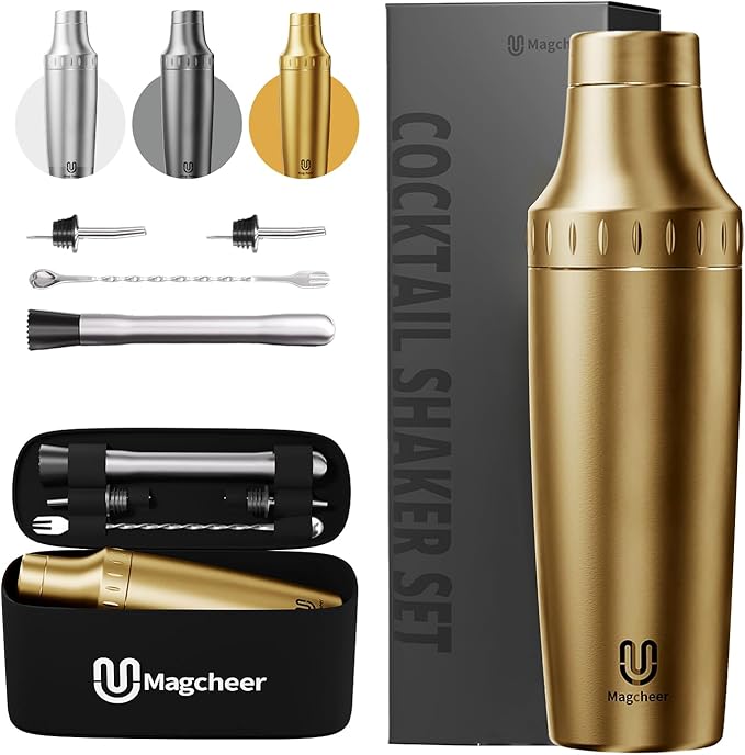 Hybrid Cocktail Shaker Set | Vacuum Insulated Stainless Steel Martini Shaker with Strainer & Jigger Lid | Travel cocktail kit with Bartender Accessory Tools | 30oz | Gold